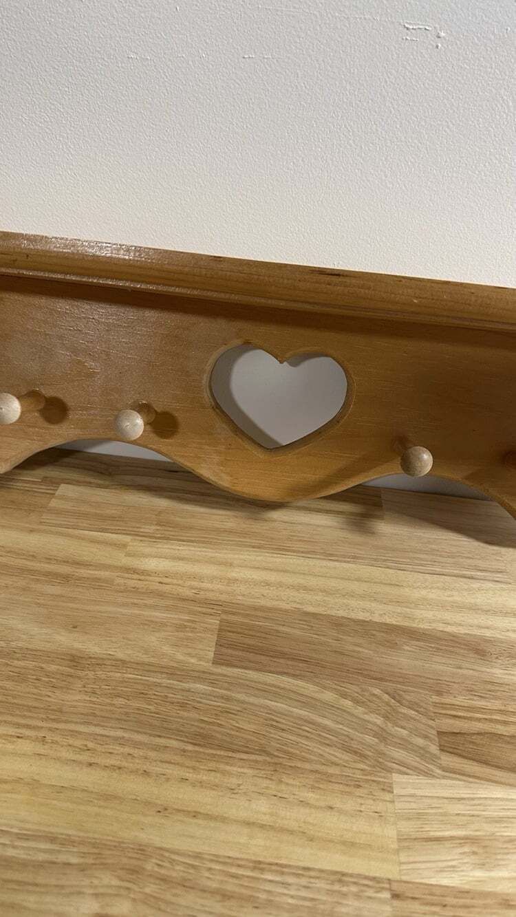 Vintage Rustic Wooden Wall Shelf  Heart Cutout Pegs 24” Cottagecore Farmhouse - Picture 2 of 9